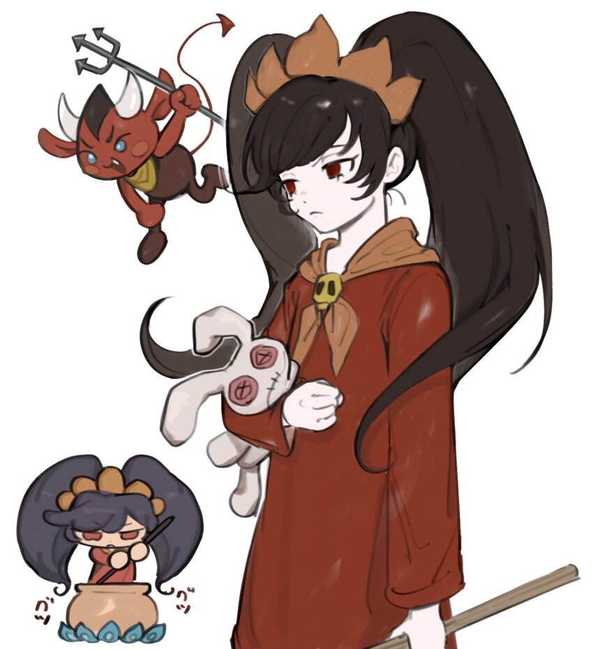 1girl ashley_(warioware) black_hair blue_eyes brooch cauldron closed_mouth commentary dress fang hairband highres holding holding_pitchfork holding_stuffed_toy jewelry long_hair long_sleeves morning_(d0nteat) multiple_views neckerchief nintendo open_mouth orange_hairband orange_neckerchief pitchfork red_(warioware) red_dress red_eyes simple_background skull_brooch stuffed_animal stuffed_rabbit stuffed_toy twintails warioware white_background