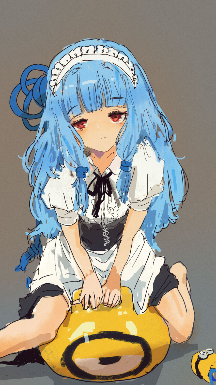 1girl alternate_costume apron barefoot black_ribbon black_skirt blue_hair blue_ribbon center_frills character_doll closed_mouth commentary_request corset despicable_me doll enmaided foot_out_of_frame frills grey_background hair_ribbon half-closed_eyes highres kabuyama_kaigi kotonoha_aoi leaning_forward light_frown long_hair looking_at_viewer low-tied_sidelocks maid maid_headdress minion_(despicable_me) neck_ribbon puffy_short_sleeves puffy_sleeves red_eyes ribbon shirt short_sleeves sidelocks simple_background sitting sitting_on_ball skirt smile solo v_arms voiceroid waist_apron white_apron white_shirt