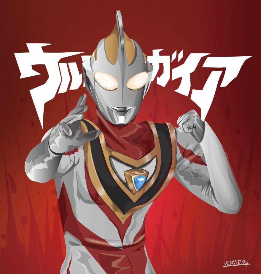 1boy alien armor arms_up artist_name breastplate character_name clenched_hand color_timer commentary compound_eyes dorsal_fin fighting_stance glowing glowing_eyes highres looking_at_viewer male_focus no_humans open_hand red_background signature solo tokusatsu ultra_series ultraman_gaia ultraman_gaia_(series) ultrataku upper_body yellow_eyes