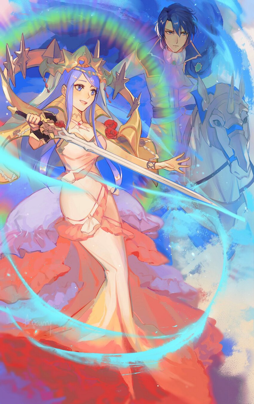 1boy 1girl anocurry aristocratic_clothes blue_eyes blue_hair breasts crown dress fire_emblem fire_emblem_engage gold_cape gold_crown highres horseback_riding jewelry large_breasts long_hair lumera_(fire_emblem) mature_female nintendo open_mouth riding sigurd_(emblem)_(fire_emblem) sigurd_(fire_emblem) smile white_dress