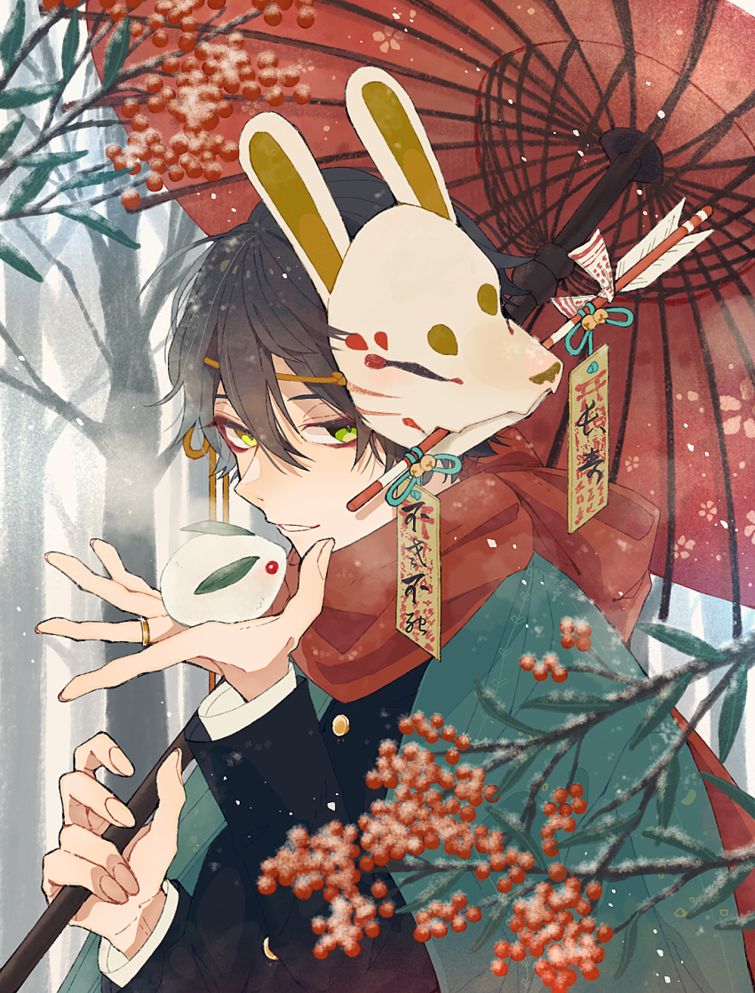 1boy arrow_(projectile) berry black_hair black_jacket branch breath buttons charm_(object) commentary_request day forest gakuran gold_ring green_eyes green_haori hair_between_eyes hamaya haori highres holding holding_umbrella jacket japanese_clothes long_sleeves looking_at_viewer male_focus mask mask_on_head nature oil-paper_umbrella original outdoors red_scarf red_umbrella scarf school_uniform shira_mame93 short_hair smile solo umbrella upper_body winter