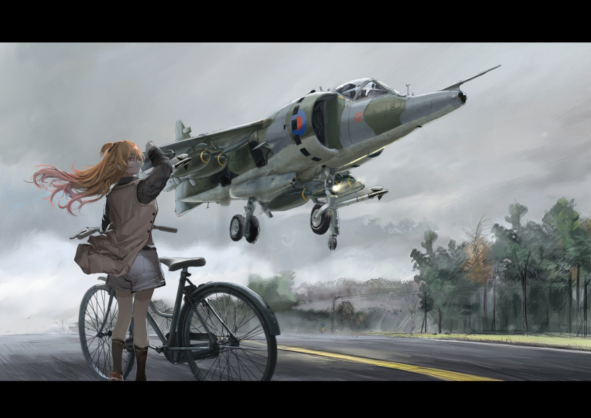 1girl 1other absurdres aim-9_sidewinder aircraft airplane arm_up bicycle bomb chinese_commentary commentary_request explosive fence fighter_jet floating_hair hawker_harrier highres jet_wash landing_gear letterboxed long_hair military military_vehicle orange_hair original pilot red_eyes royal_navy shorts solo_focus tree vtol white_shorts wind yukikaze_supersylph
