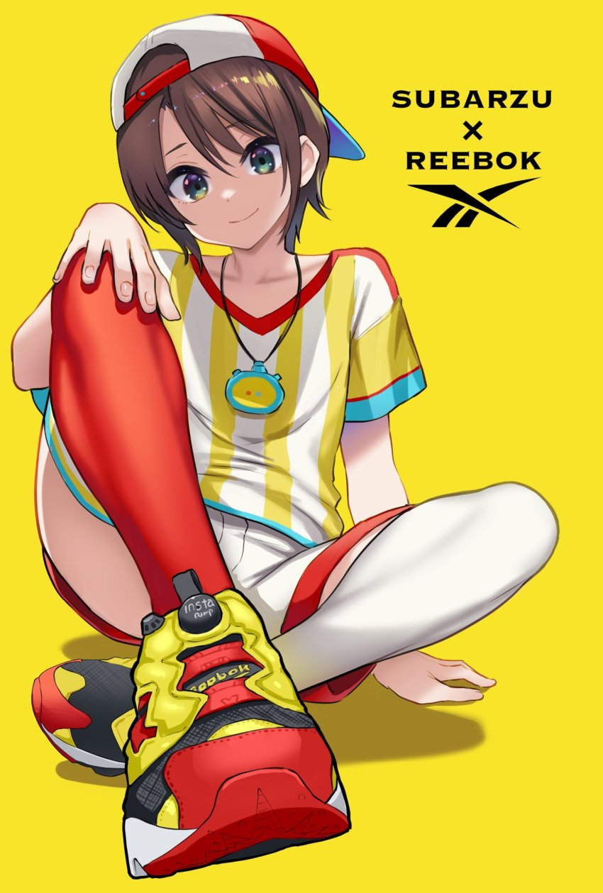 1girl ad alternate_footwear asymmetrical_legwear backwards_hat baseball_cap brown_hair english_text hair_between_eyes hand_on_own_knee hat highres hololive looking_at_viewer meme50 mismatched_legwear multicolored_shoes oozora_subaru oozora_subaru_(1st_costume) product_placement red_thighhighs reebok reebok_pump shirt shoes short_hair shorts sitting smile sneakers solo stopwatch stopwatch_around_neck striped_clothes striped_shirt t-shirt thighhighs vertical-striped_clothes vertical-striped_shirt virtual_youtuber watch white_thighhighs yellow_background