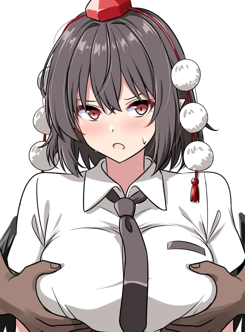 1girl 1other black_necktie black_wings blush breasts brown_hair collared_shirt commentary dark_skin grabbing_another&#039;s_breast groping hat highres large_breasts looking_at_viewer medium_hair necktie open_mouth pointy_ears pom_pom_(clothes) red_eyes red_hat rise_(rise19851203) shameimaru_aya shirt short_sleeves simple_background sweat tokin_hat touhou white_background white_shirt wings