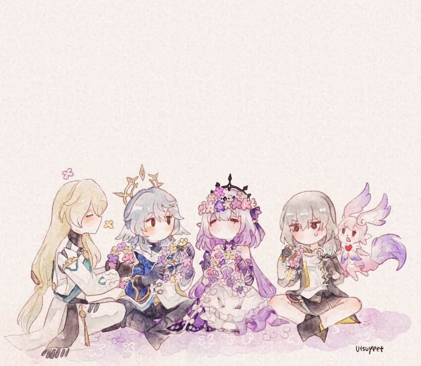 2boys 2girls artist_name black_pants black_skirt black_tiara blonde_hair blue_hair castorice_(honkai:_star_rail) commentary dress english_commentary halo head_wings head_wreath highres holding_head_wreath honkai:_star_rail honkai_(series) indian_style jacket long_hair luocha_(honkai:_star_rail) medium_hair mem_(honkai:_star_rail) multiple_boys multiple_girls pants pink_fur pointy_ears shirt sitting skirt stelle_(honkai:_star_rail) sunday_(honkai:_star_rail) tail tiara trailblazer_(honkai:_star_rail) utsuyeet white_background white_dress white_jacket white_pants white_shirt wings
