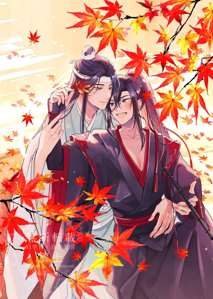 2boys :d autumn autumn_leaves bishounen black_hair black_hanfu black_robe blush branch chinese_clothes closed_mouth collarbone dizi falling_leaves flute grey_eyes hair_between_eyes hair_ribbon hand_on_another&#039;s_stomach hand_up hanfu headband high_ponytail highres holding holding_another&#039;s_wrist holding_flute holding_instrument instrument lan_wangji layered_sleeves leaf long_hair long_sleeves looking_at_another male_focus maple_leaf modao_zushi multiple_boys natttume open_mouth outdoors pectoral_cleavage pectorals ponytail red_ribbon ribbon robe sidelocks sitting smile standing tassel topknot transverse_flute twitter_username watermark wei_wuxian white_hanfu white_headband white_robe wide_sleeves xiao_guan_(headdress) yaoi yellow_eyes
