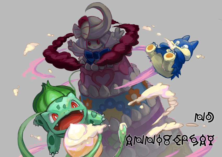 absurdres alcremie arms_up bulbasaur commentary_request eating fangs food game_freak gen_1_pokemon gen_2_pokemon gen_4_pokemon gen_8_pokemon gigantamax gigantamax_alcremie grey_background happy highres holding holding_food looking_at_viewer meen_(pixiv997902) munchlax nintendo pokemon pokemon_(creature) red_eyes simple_background unown unown_a unown_d unown_e unown_i unown_n unown_r unown_s unown_v unown_y unownglyphics