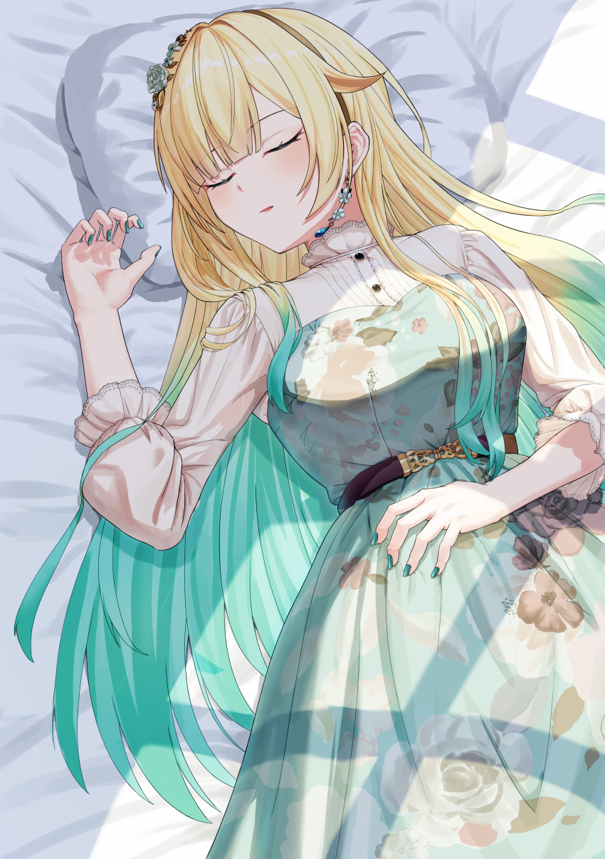 1girl absurdres aizawa_ema aizawa_ema_(3rd_costume) aqua_dress bed belt blonde_hair blunt_bangs breasts brown_belt brown_hairband dress earrings floral_print flower gradient_hair green_hair green_nails hair_flaps hair_flower hair_ornament hairband highres jewelry lace lace-trimmed_collar lace-trimmed_shirt lace-trimmed_sleeves lace_trim large_breasts long_hair long_sleeves lying majin_(mazimazindayo) multicolored_hair on_back parted_lips pillow shirt sleeping solo very_long_hair virtual_youtuber vspo! white_shirt