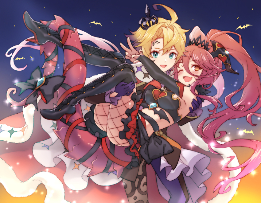 1boy 1girl :d ;d ahoge bat_(animal) black_footwear blonde_hair blue_eyes blush boots breasts carrying dragalia_lost dragon_girl dragon_horns dragon_tail ekra euden fang fishnet_pantyhose fishnets hair_between_eyes highres horns knee_boots long_bangs long_hair looking_at_viewer mym_(dragalia_lost) official_alternate_costume official_alternate_hairstyle one_eye_closed open_mouth orange_eyes pantyhose princess_carry red_hair skin_fang smile tail twintails v very_long_hair
