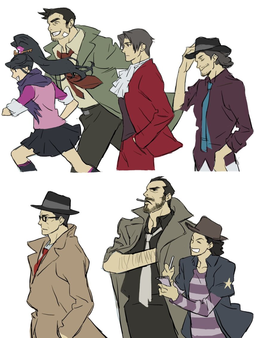 ^_^ ace_attorney ace_attorney_investigations ace_attorney_investigations_2:_prosecutor&#039;s_gambit ascot black_hair black_hat black_pants black_shirt black_skirt blue_necktie blue_scarf brown_shirt closed_eyes coat diagonal-striped_shirt dick_gumshoe eddie_fender facial_hair formal_clothes glasses green_coat gregory_edgeworth grey_hair grin hand_in_pocket hand_on_own_hat hat high_ponytail highres holding holding_notepad jacket kay_faraday key_hair_ornament layered_sleeves lollipop_in_mouth long_sleeves miles_edgeworth necktie notepad pants pink_shirt pleated_skirt ponytail red_jacket red_necktie red_pants red_suit running scarf shirt short_over_long_sleeves short_sleeves skirt sleeves_rolled_up smile sotenborii suit tyrell_badd white_ascot white_background white_necktie