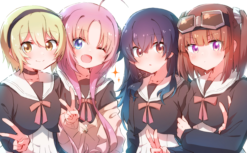 4girls absurdres ahoge akeuchi_yuu black_headband blonde_hair blue_eyes crossed_arms fujinomisaki_school_uniform goggles goggles_on_head hair_between_eyes headband highres hoshikuzu_telepath huge_ahoge konohoshi_umika long_hair looking_at_viewer medium_hair multiple_girls nyaa_(nnekoron) open_mouth orange_hair pink_hair purple_eyes purple_hair raimon_matataki red_eyes school_uniform short_hair simple_background smile takaragi_haruno twintails v white_background yellow_eyes