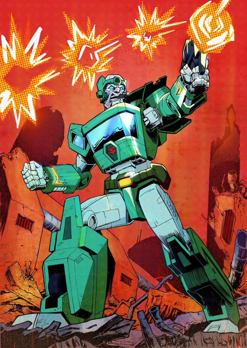1boy artist_collaboration autobot blue_eyes cigar clenched_hand commentary english_commentary explosion firing gun highres holding holding_gun holding_weapon kup_(transformers) looking_up losineko mecha nick_roche no_humans robot science_fiction solo the_transformers_(idw) transformers weapon