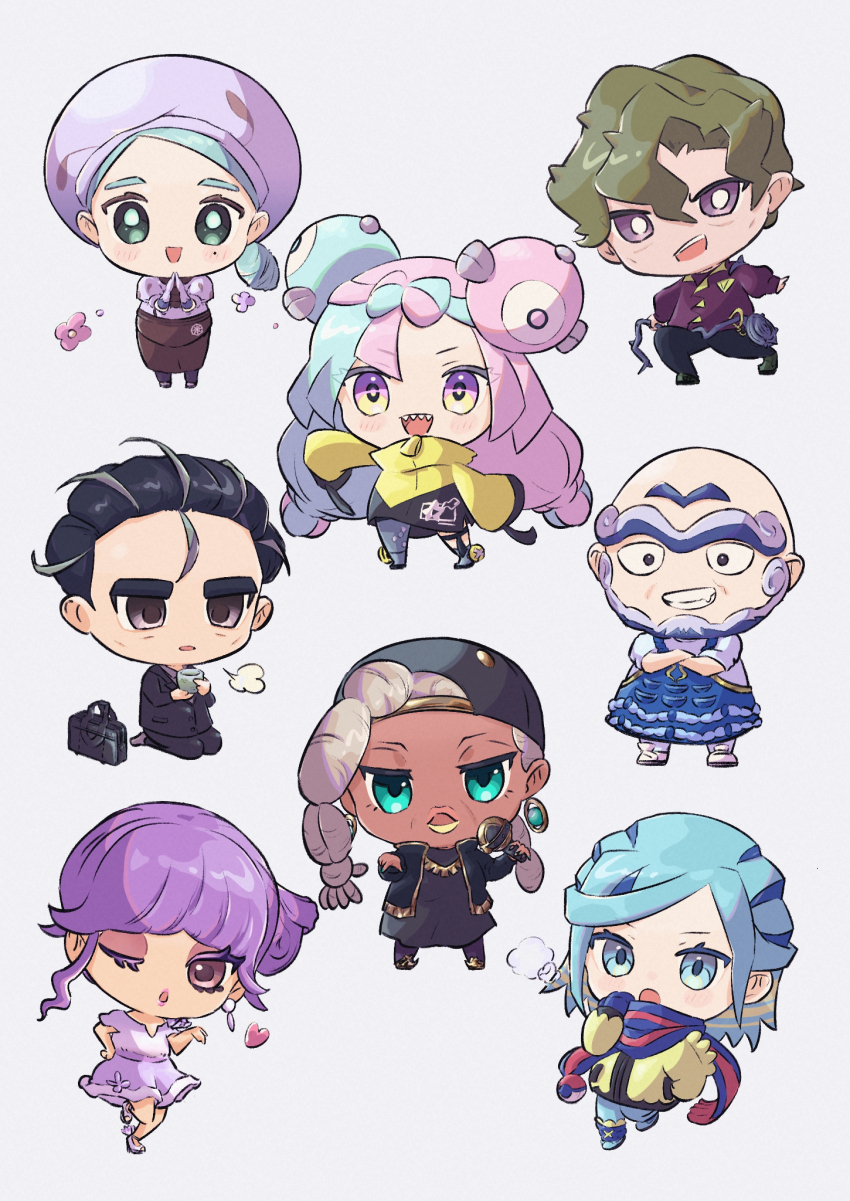 4boys 4girls backwards_hat bald black_eyes black_hair black_headwear blue_eyes blue_hair brassius_(pokemon) briefcase brown_hair chibi dark-skinned_female dark_skin earrings grey_background grey_hair grusha_(pokemon) hand_on_own_hip hat heart highres iono_(pokemon) jewelry katy_(pokemon) kneeling kofu_(pokemon) larry_(pokemon) long_hair looking_at_viewer multicolored_hair multiple_boys multiple_girls nintendo one_eye_closed open_mouth pink_hair pokemon pokemon_sv purple_hair ryme_(pokemon) scarf short_hair simple_background tulip_(pokemon) two-tone_hair user_nyrr2558 very_dark_skin