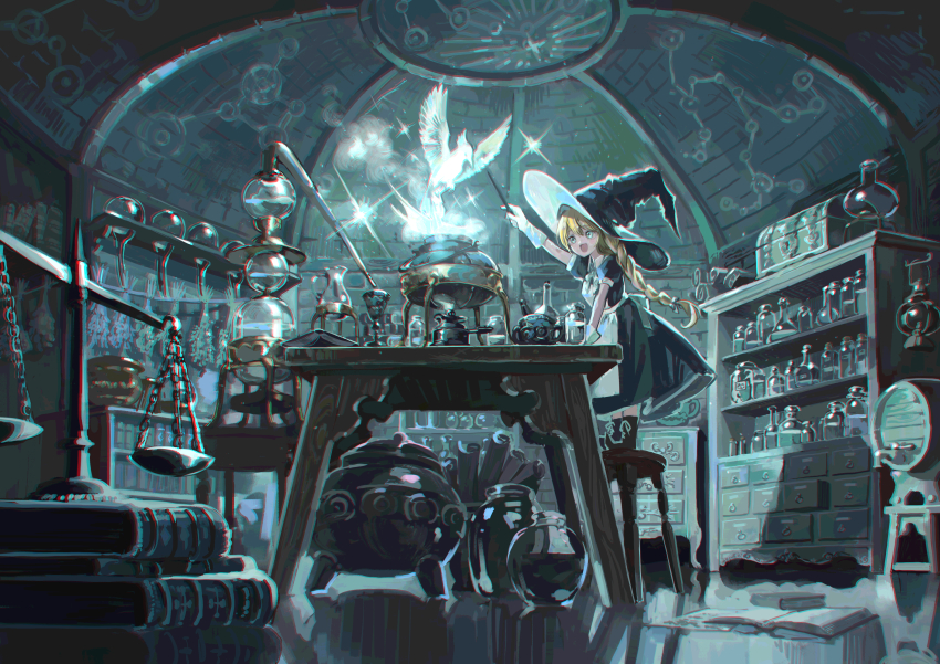 1girl absurdly_detailed_composition absurdres apron balance_scale barrel bird black_dress black_hat blonde_hair book book_stack boots braid cabinet cauldron chair chest_of_drawers commentary_request dress dried_flower flask glowing hat highres holding holding_wand indoors jar loaded_interior long_hair magic marutani on_chair original puffy_short_sleeves puffy_sleeves scroll short_sleeves solo sparkle standing standing_on_chair stool table wand weighing_scale white_apron witch witch_hat