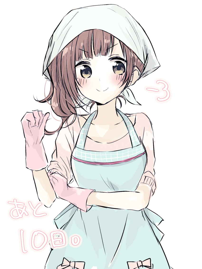 1girl apron baran._(ba_ra_ran) blue_apron blush breasts brown_hair c: closed_mouth collarbone commentary_request countdown cowboy_shot gloves hat highres idolmaster idolmaster_cinderella_girls igarashi_kyoko lone_nape_hair long_hair looking_at_viewer medium_breasts pink_gloves pink_shirt puff_of_air shirt short_sleeves side_ponytail simple_background sleeves_rolled_up smile solo split_mouth v-shaped_eyebrows white_background white_hat yellow_eyes