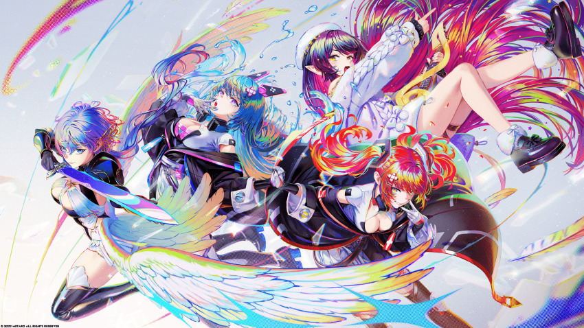2022 4girls absurdres beret black_footwear blue_eyes blue_hair breasts cleavage closed_mouth company_name copyright_notice etherna_celine etherna_helen feathered_wings feathers fur_trim hat highres holding holding_hands holding_instrument holding_sword holding_weapon instrument liora_walkyria long_hair low_wings medium_breasts multiple_girls nababa official_art open_mouth penelope_wiseman purple_eyes purple_hair red_hair second-party_source short_hair siblings sisters sword thighhighs twintails v&amp;u_entertainment virtual_youtuber weapon white_headwear wings yellow_eyes