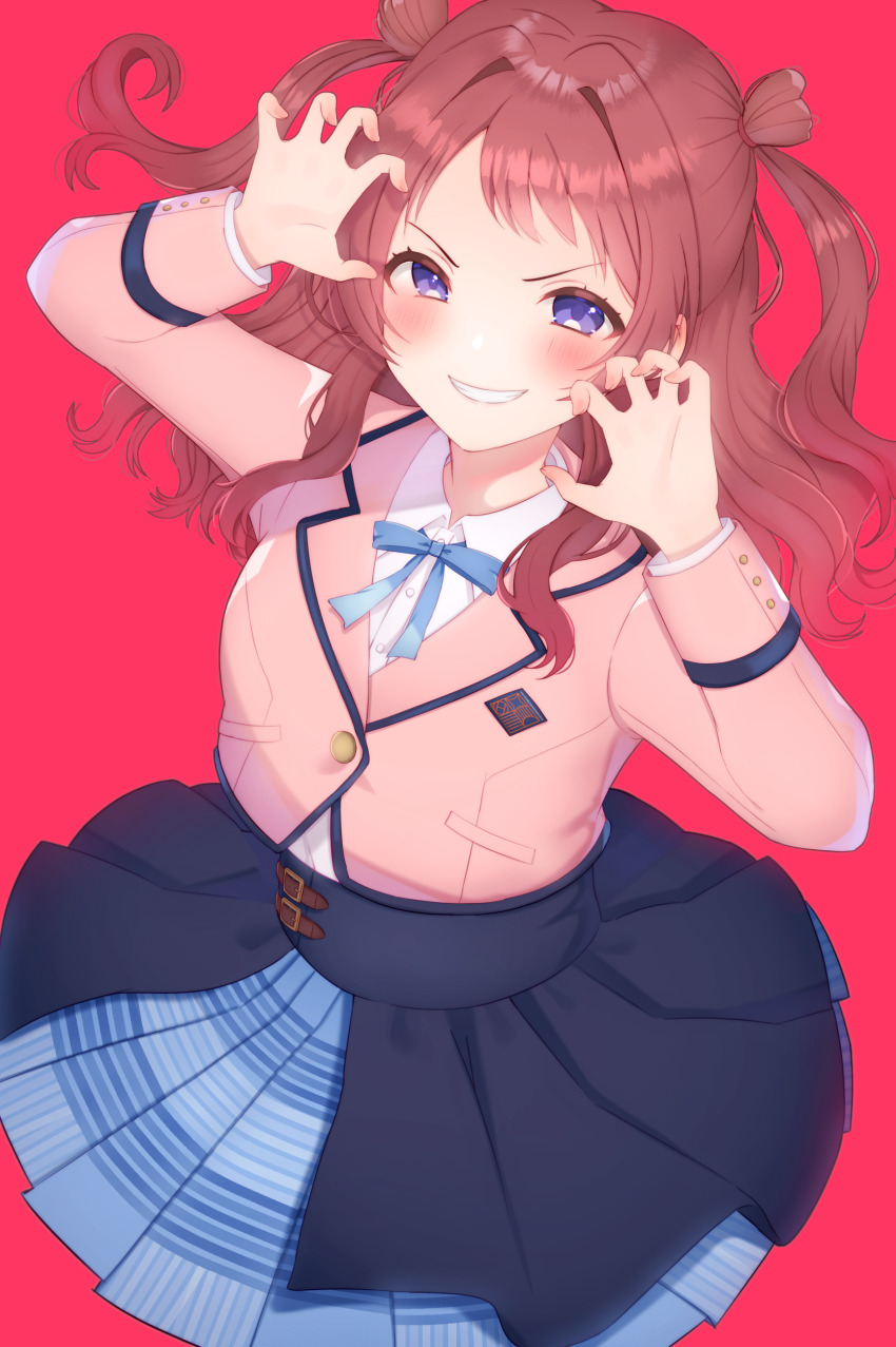 17ho_10ban 1girl absurdres blue_eyes blue_ribbon blue_skirt brown_hair claw_pose commentary_request gakuen_idolmaster grin hanami_saki highres idolmaster jacket long_hair looking_at_viewer pink_background pink_jacket pleated_skirt ribbon shirt simple_background skirt smile solo white_shirt
