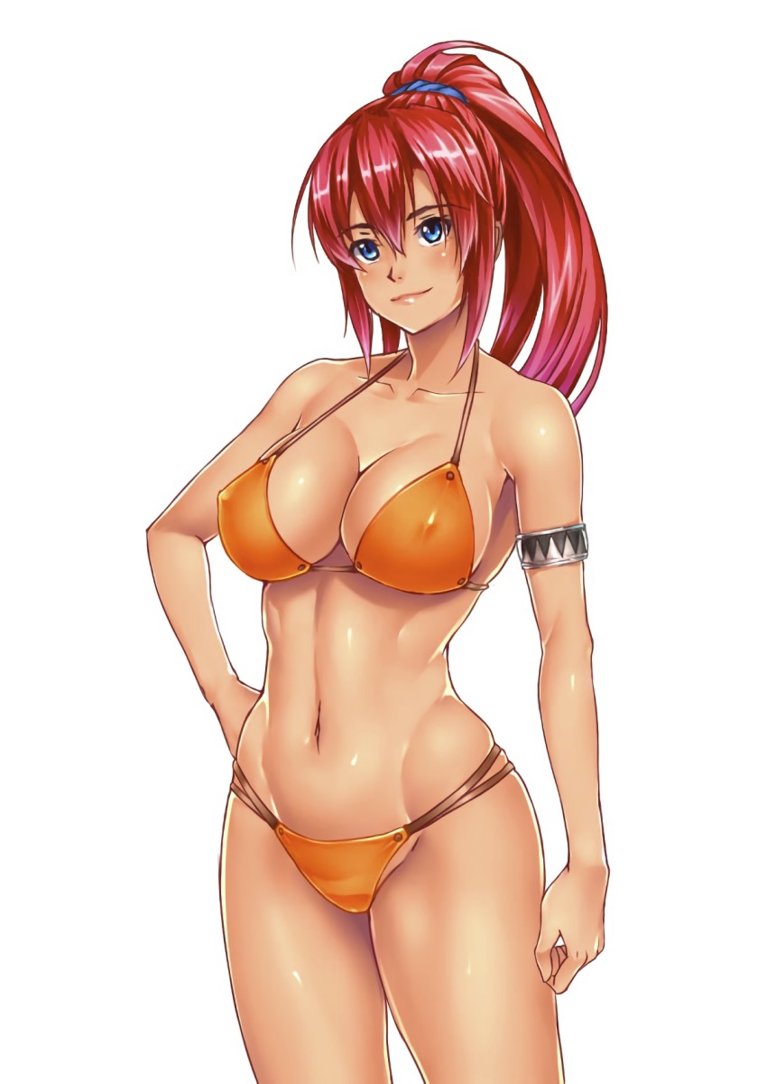 10s 1girl bellows_(suisei_no_gargantia) bikini blue_eyes breasts cleavage covered_erect_nipples hand_on_own_hip highres large_breasts lipstick long_hair makeup navel ponytail red_hair shanaminami simple_background smile solo suisei_no_gargantia swimsuit thighhighs thighs toned white_background