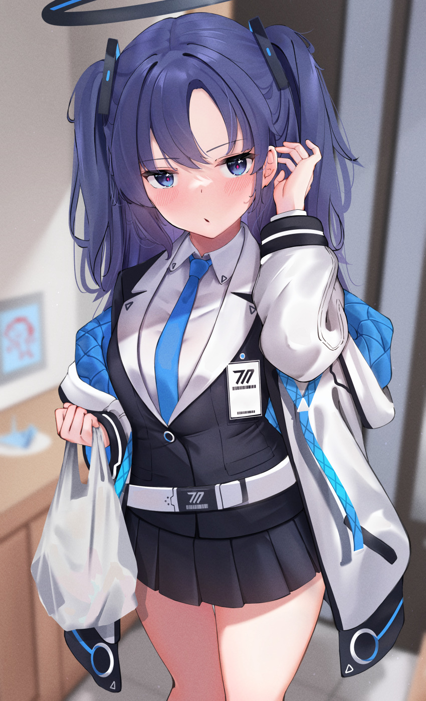 1girl absurdres bag black_halo black_jacket black_skirt blue_archive blue_necktie blurry blurry_background blush collared_shirt commentary_request doodle_sensei_(blue_archive) halo highres holding holding_bag jacket lapels looking_at_viewer necktie nosuke_tmg notched_lapels open_clothes open_jacket partial_commentary pleated_skirt purple_eyes purple_hair sensei_(blue_archive) shirt skirt solo suit_jacket thighs twintails two_side_up white_jacket white_shirt yuuka_(blue_archive)