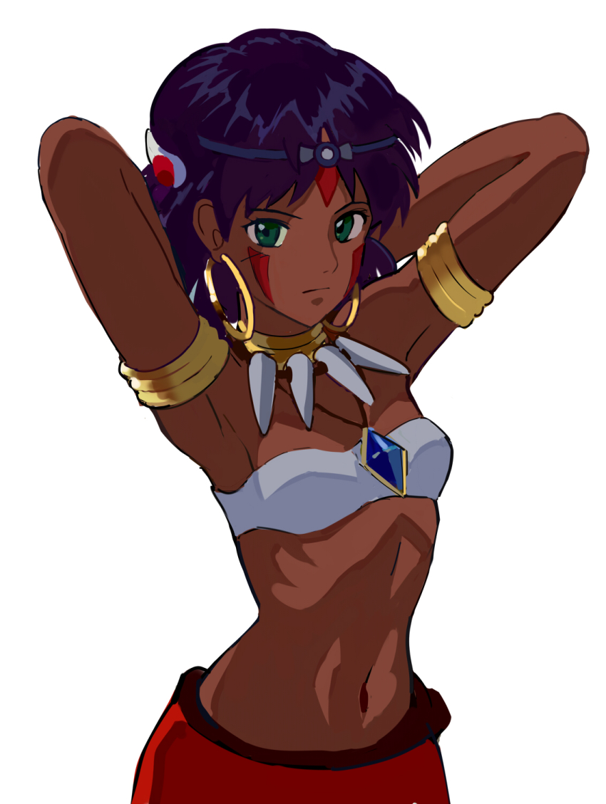 1girl armlet armpits arms_behind_head arms_up bandeau bare_shoulders breasts closed_mouth commentary cosplay cowboy_shot dark-skinned_female dark_skin earrings facepaint facial_mark fushigi_no_umi_no_nadia green_eyes hair_ornament hairclip headband highres hoop_earrings jewelry looking_at_viewer midriff mononoke_hime nadia_la_arwall navel neck_ring necklace no_vest okken purple_hair red_skirt ribs san_(mononoke_hime) san_(mononoke_hime)_(cosplay) serious short_hair simple_background skirt small_breasts solo stretching tooth_necklace white_background white_bandeau