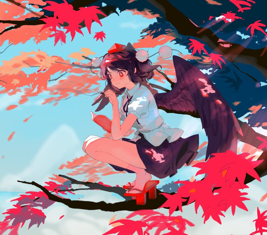 1girl autumn_leaves bird_wings black_hair black_ribbon black_skirt black_wings closed_mouth full_body geta hat highres holding holding_notebook holding_pen leaf looking_ahead maple_leaf maple_tree neck_ribbon notebook on_tree outdoors pen pom_pom_(clothes) puffy_short_sleeves puffy_sleeves red_eyes red_hat red_sandals ribbon sandals seiryo0425 shameimaru_aya shirt short_hair short_sleeves skirt solo sunlight tengu-geta tokin_hat touhou tree white_shirt wings