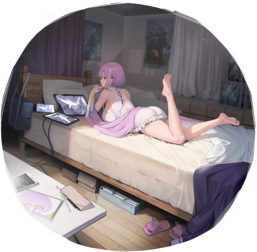 1girl alexis_kerib artist_request ass azur_lane bare_legs bare_shoulders barefoot blush breasts cracked_phone feet feet_up from_behind from_side full_body gridman_universe gridman_universe_(movie) highres indoors kurumi_(recycllamo) large_breasts legs light_purple_hair looking_at_viewer looking_back lying official_alternate_costume official_art on_bed on_stomach pencil_case pillow poster_(object) red_eyes shinjou_akane shinjou_akane_(room_of_secrets) smile soles solo ssss.gridman tablet_pc the_pose thighs toes