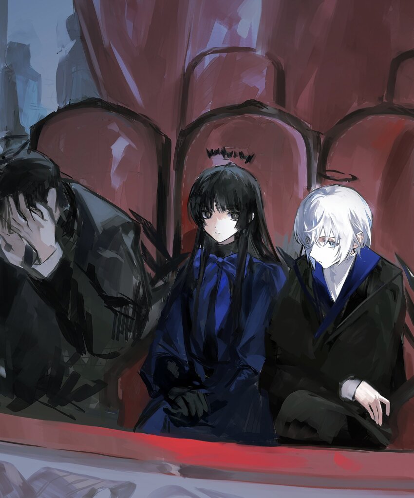 1girl 2boys alternate_costume arknights black_eyes black_hair black_robe blue_bow blue_bowtie blue_dress blue_eyes bow bowtie character_request check_character closed_mouth covering_face crossed_legs dress elbow_gloves energy_wings executor_(arknights) expressionless feet_out_of_frame gloves gloves_over_sleeves halo hands_on_lap hands_on_own_face highres indoors long_hair long_sleeves looking_at_viewer multiple_boys own_hands_clasped own_hands_together pe902 robe shirt short_hair sitting theater theater_seating virtuosa_(arknights) white_hair white_shirt