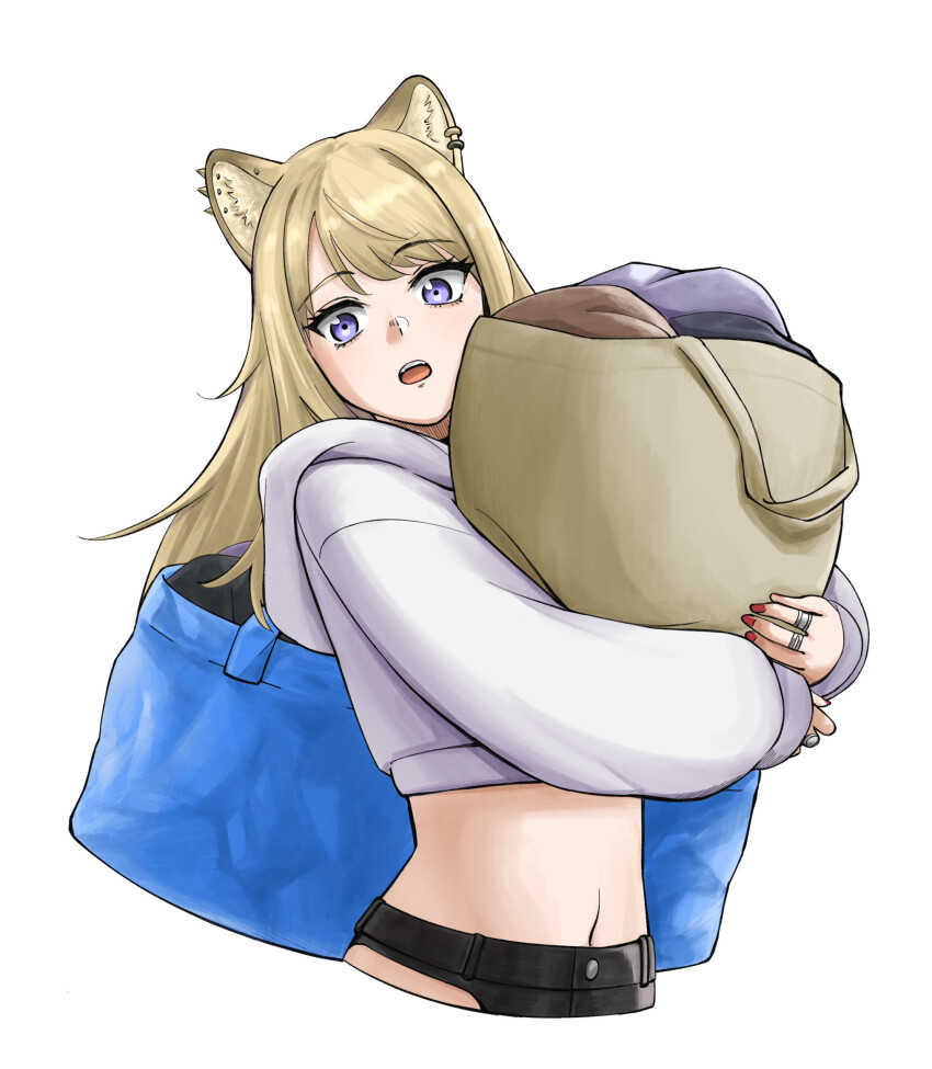1girl animal_ear_fluff animal_ear_piercing animal_ears asymmetrical_clothes bag black_shorts blonde_hair commentary_request crop_top cropped_hoodie cropped_legs dog_ears dog_girl highres holding holding_bag hood hood_down hoodie itsumeee3 jewelry kmnz lita_(kmnz) long_hair long_sleeves midriff multiple_piercings multiple_rings nail_polish navel open_mouth purple_eyes red_nails ring shorts simple_background single_pantsleg solo spike_piercing spiked_ear_piercing swept_bangs teeth upper_teeth_only virtual_youtuber white_background white_hoodie