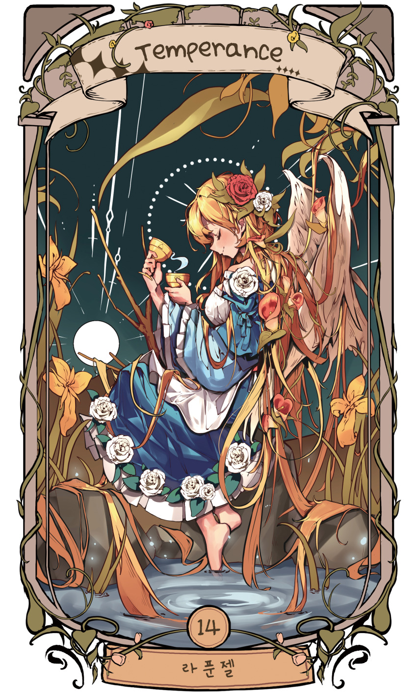 1girl absurdly_long_hair absurdres apron barefoot blue_dress card_(medium) character_name closed_eyes closed_mouth commentary_request cup cymlim dress english_text feathered_wings flower frilled_dress frilled_sleeves frills hair_flower hair_ornament halo highres holding holding_cup korean_commentary korean_text lake long_hair rapunzel rapunzel_(grimm) red_flower red_rose rose smile solo tarot tarot_(medium) temperance_(tarot) translation_request very_long_hair white_apron white_flower white_rose white_wings wide_sleeves wings yellow_flower