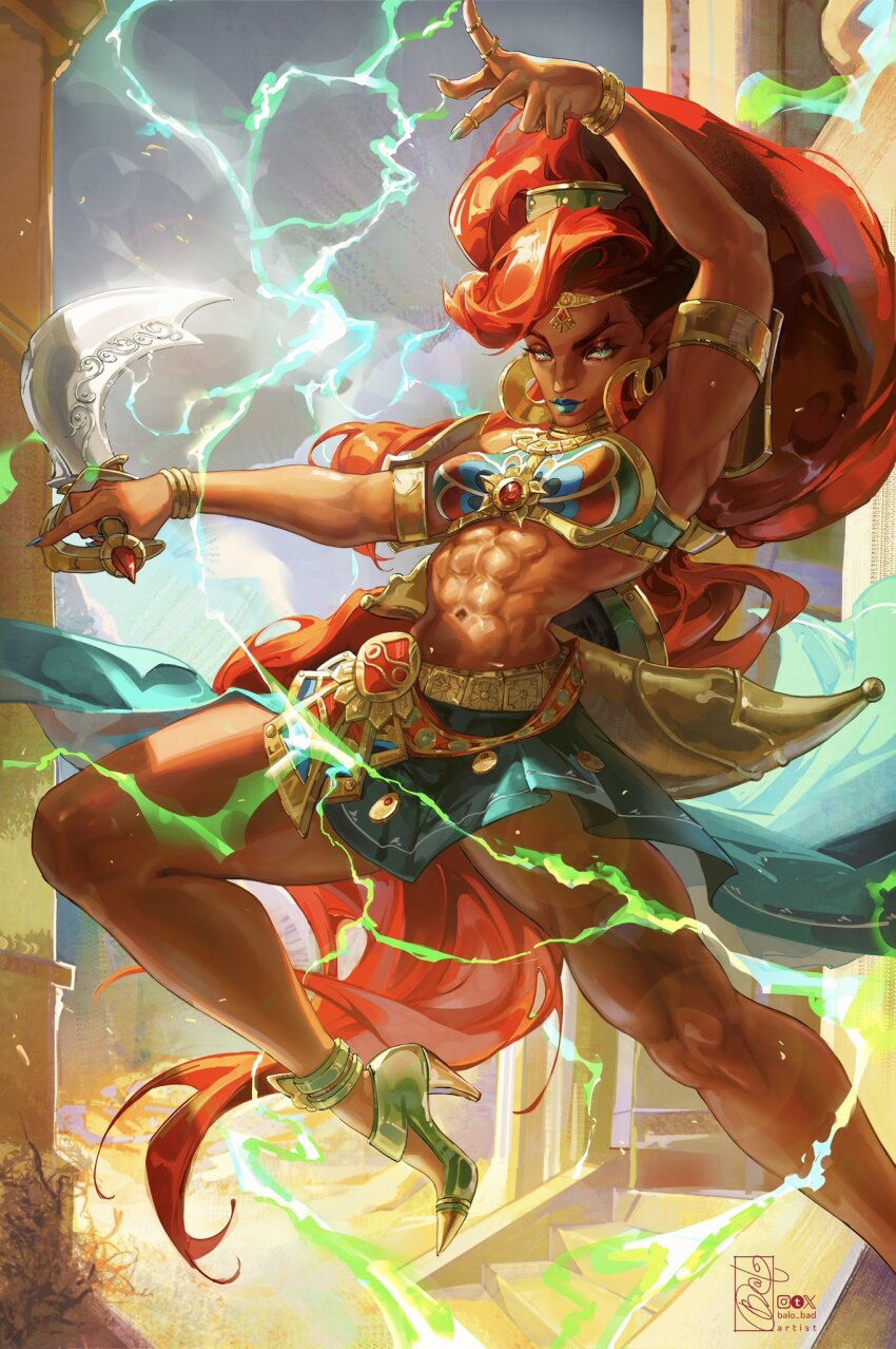 1girl abs aqua_nails arm_up artist_name balo_badartist blue_lips bracelet closed_mouth commentary crop_top dark-skinned_female dark_skin earrings fingernails foot_out_of_frame gold_shoes gold_trim green_eyes high_heels highres holding holding_sword holding_weapon instagram_logo jewelry lightning lips long_hair looking_at_viewer muscular muscular_female nail_polish navel nintendo pointy_ears red_hair scimitar shoes signature solo sword the_legend_of_zelda the_legend_of_zelda:_breath_of_the_wild tumblr_logo twitter_x_logo urbosa very_long_hair weapon