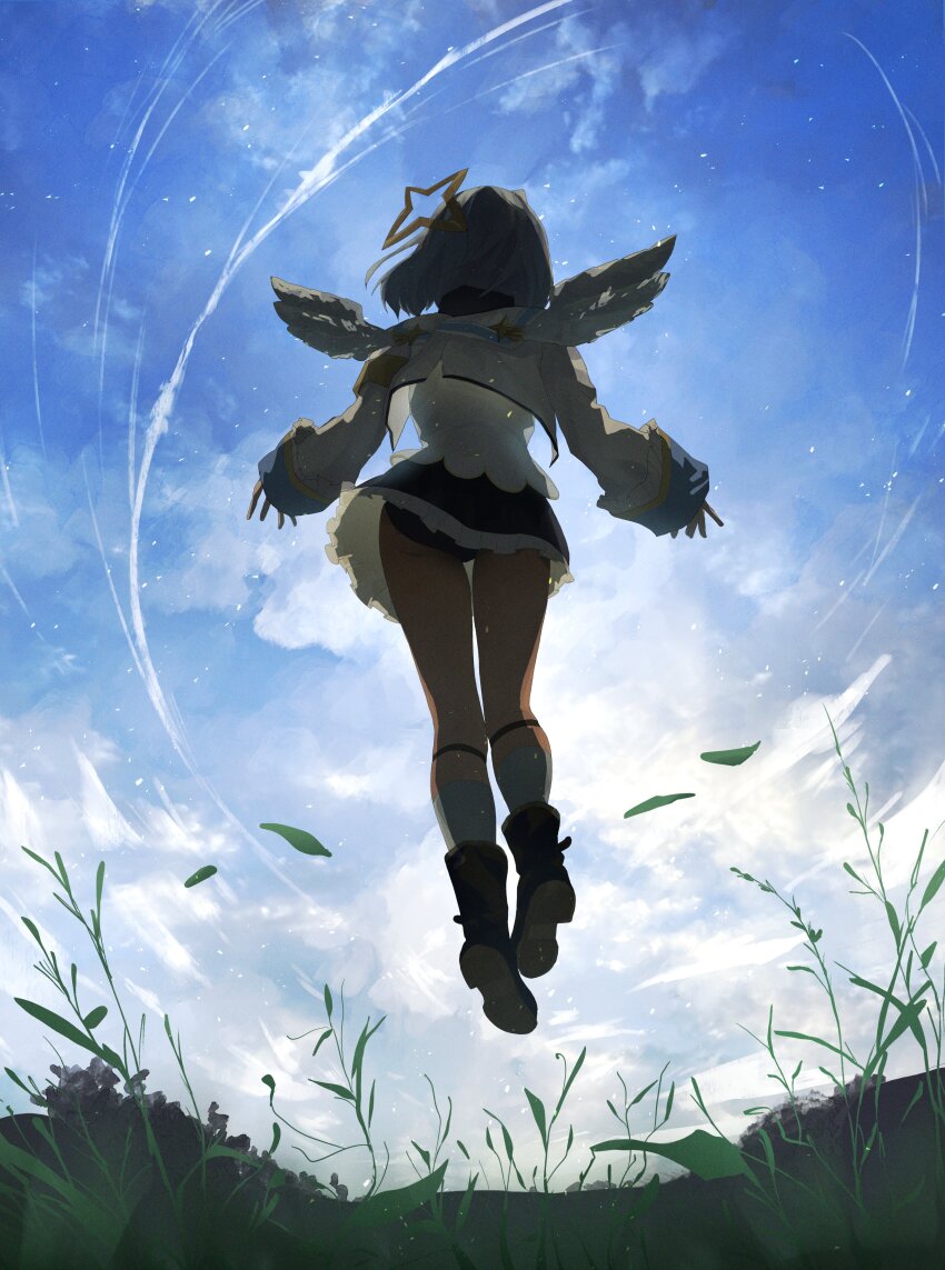 1girl absurdres amane_kanata amane_kanata_(1st_costume) angel_wings armband black_boots black_skirt blue_sky bob_cut boots check_commentary commentary_request cropped_jacket facing_away feathered_wings film_grain flying flying_grass from_behind full_body grass grey_hair grey_jacket halo highres hololive jacket kneehighs legwear_garter long_sleeves mini_wings miniskirt oh_nana72 outstretched_arms sailor_collar short_hair skirt sky sleeve_cuffs sleeves_past_wrists socks solo star_halo tilted_halo turtleneck virtual_youtuber white_sailor_collar white_socks white_wings wide_sleeves wind wings