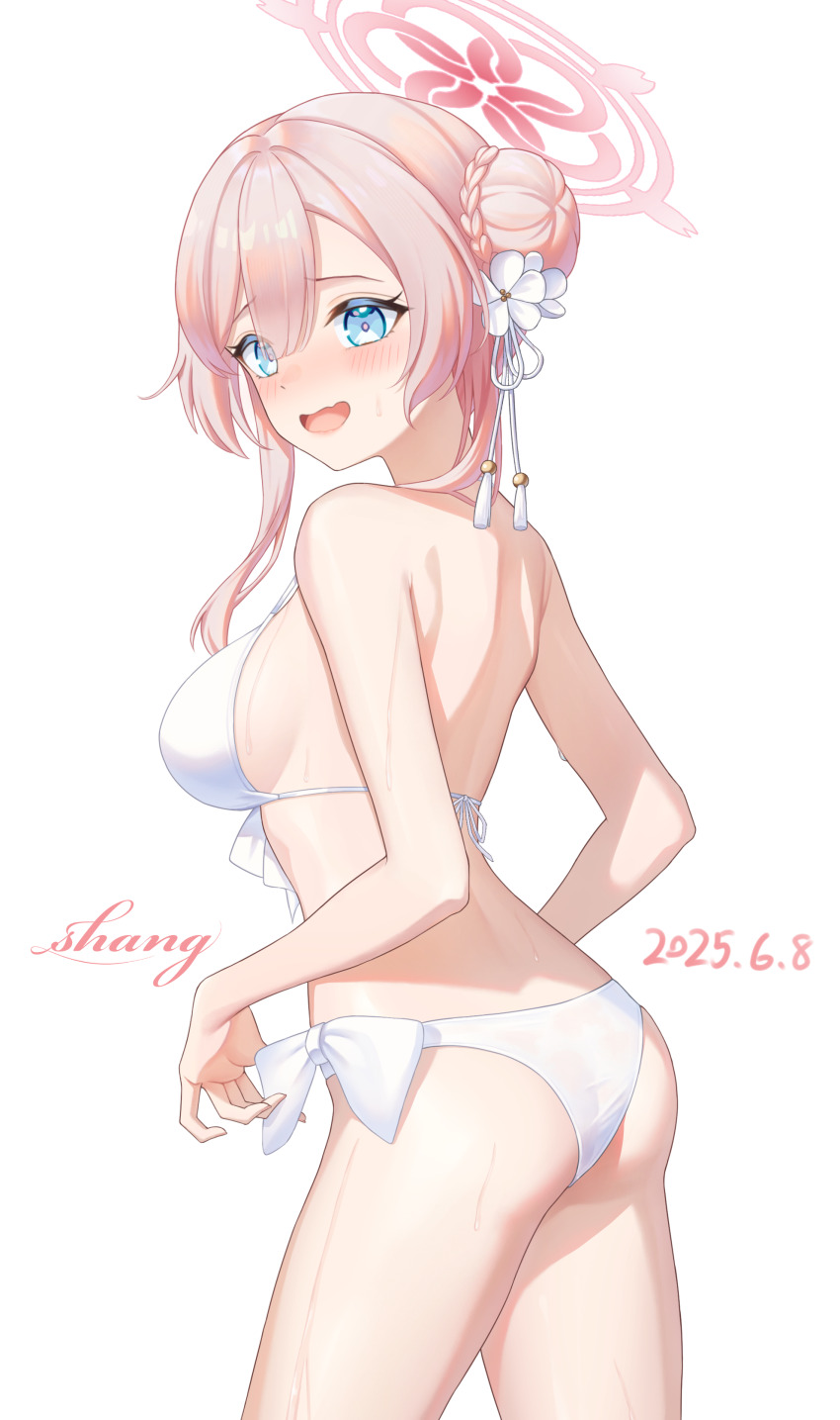 1girl absurdres artist_name ass bikini blue_archive blue_eyes blush bow bow_bikini breasts bun_with_braided_base commentary_request dated embarrassed fu_shang hair_between_eyes hair_bun halo highres large_breasts looking_at_viewer mimori_(blue_archive) mimori_(swimsuit)_(blue_archive) nose_blush official_alternate_costume official_alternate_hairstyle open_mouth pink_hair pink_halo simple_background single_hair_bun single_side_bun solo swimsuit white_background white_bikini white_bow