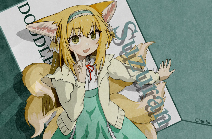 1girl animal_ear_fluff animal_ears blonde_hair fox_ears fox_tail green_eyes hairband highres hoshino_ruby_dance long_hair long_sleeves multicolored_hair multiple_tails open_clothes open_mouth red_ribbon ribbon shirt skirt smile solo suzuran_(arknights) suzuran_(spring_praise)_(arknights) tail two-tone_hair user_arcf3887 watermark white_shirt