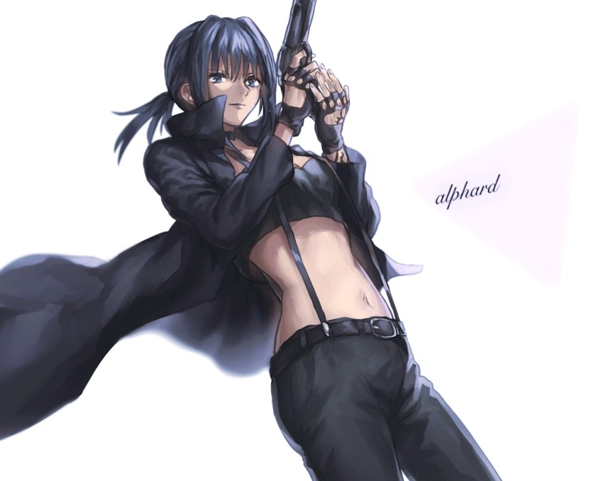 1girl 428 428:_fuusa_sareta_shibuya_de alphard_(canaan) belt belt_buckle black_belt black_hair black_pants blue_eyes breasts buckle canaan_(series) choker cleavage closed_mouth collarbone commentary_request cowboy_shot crop_top female_focus knj_k_ari long_hair medium_breasts midriff navel pants ponytail simple_background solo stomach suspenders white_background