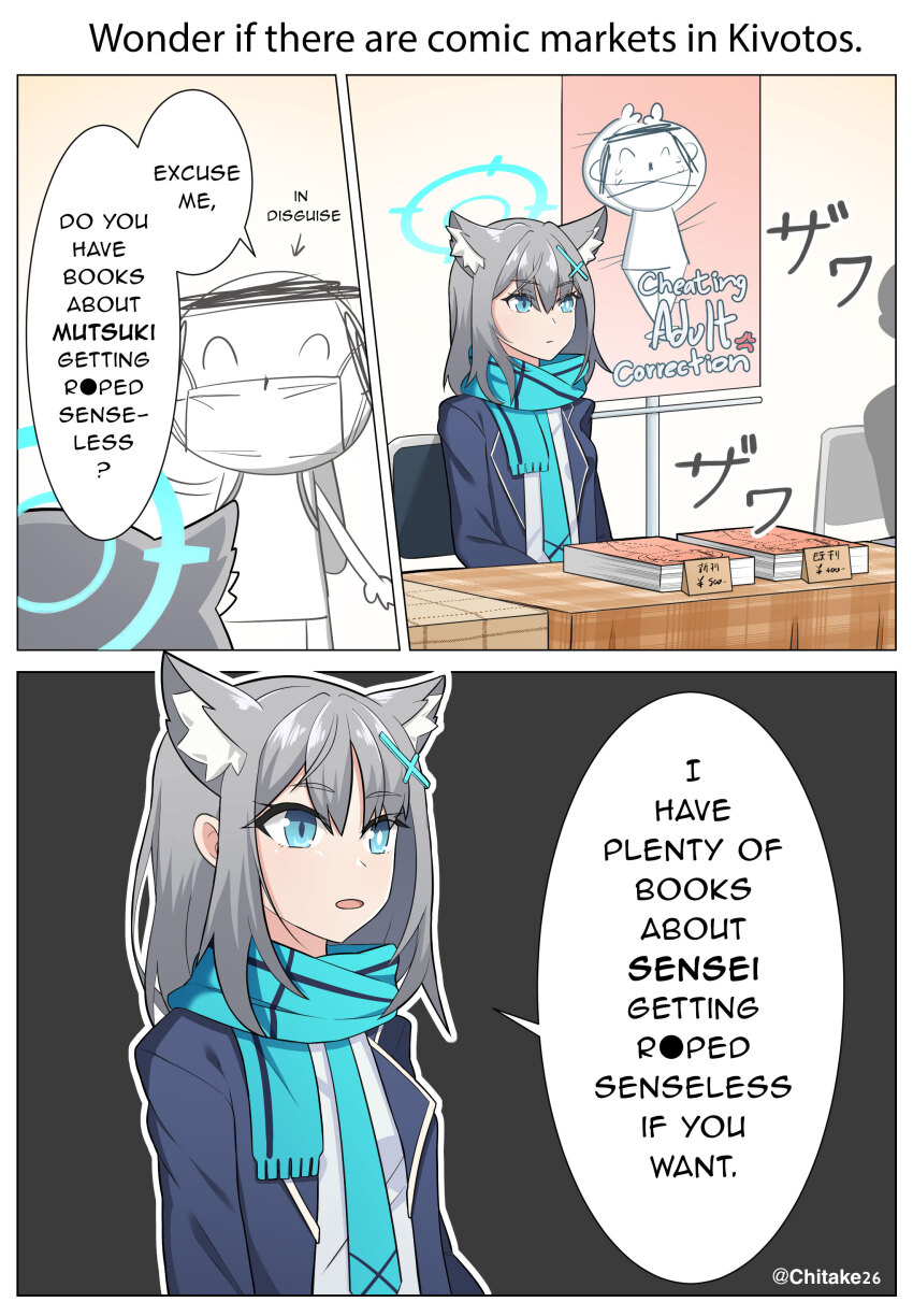 1boy 1girl 3koma absurdres alternate_language animal_ear_fluff animal_ears aqua_scarf doodle_sensei_(blue_archive) blue_archive blue_eyes blue_jacket comic cross_hair_ornament english_text grey_hair hair_ornament halo highres implied_pornography jacket looking_at_another manga_(object) mask mismatched_pupils mouth_mask scarf sensei_(blue_archive) shiroko_(blue_archive) shirozaya shirt sitting standing white_shirt wolf_ears wolf_girl