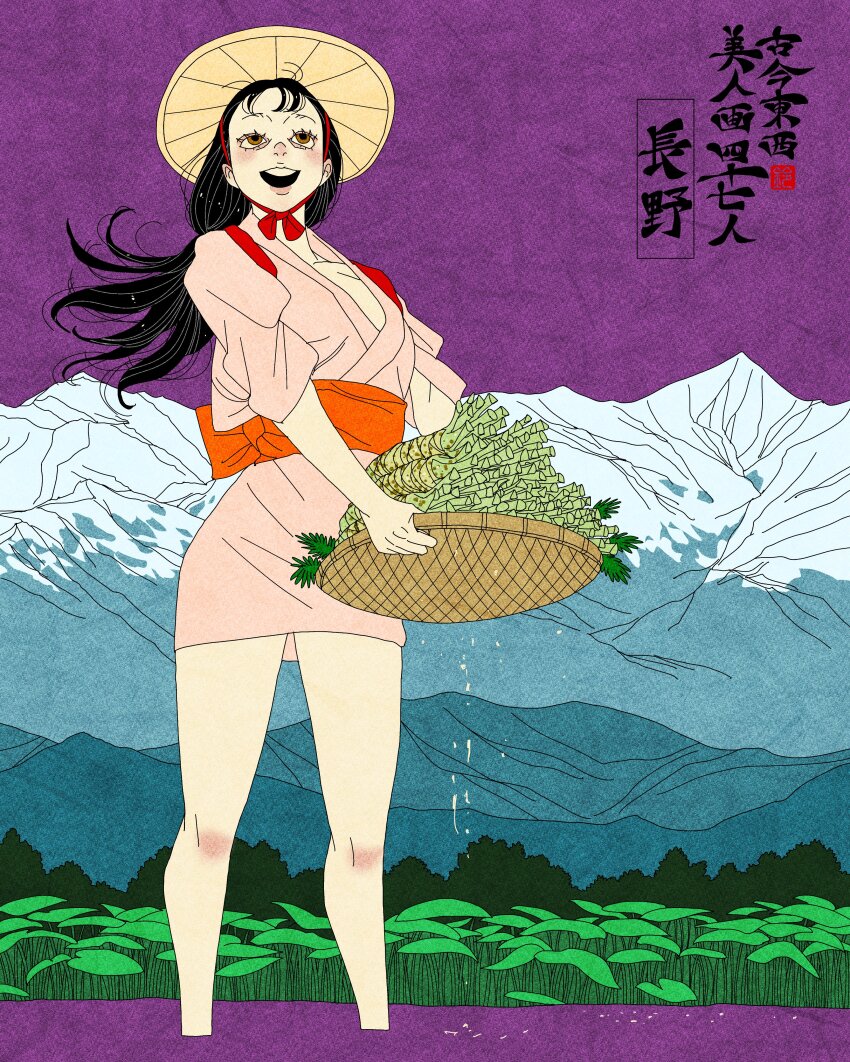 1girl absurdres artist_logo black_hair commentary english_commentary highres holding japanese_clothes kimono logo long_hair mountainous_horizon nagano_prefecture obi open_mouth orange_sash original pink_kimono sash sei5osuzuki short_kimono solo standing teeth upper_teeth_only wading
