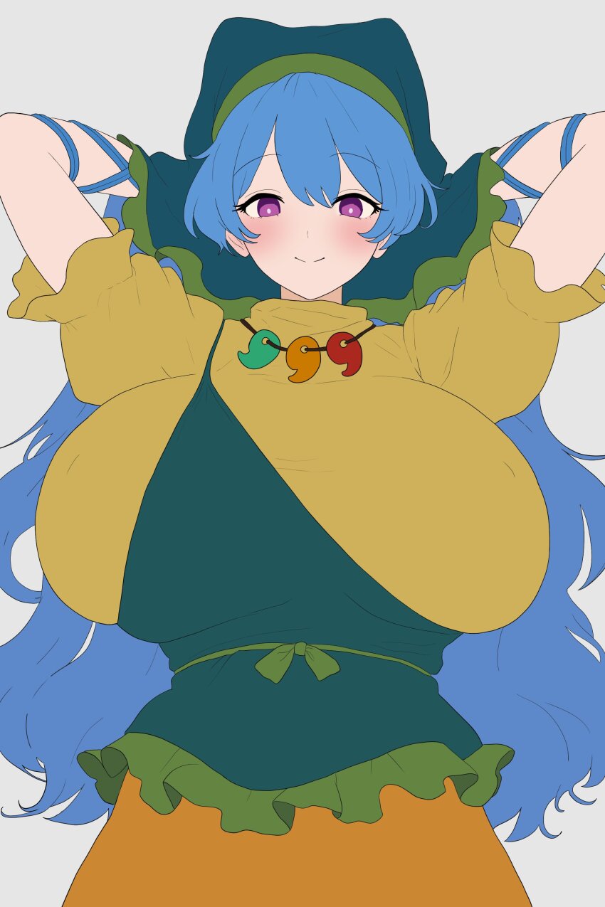 1girl absurdres apron arms_behind_head blue_hair blush breasts dress green_apron green_headscarf haniyasushin_keiki headscarf highres huge_breasts jewelry long_hair magatama moriforest1040 purple_eyes single_strap smile solo three_quarter_view touhou yellow_dress