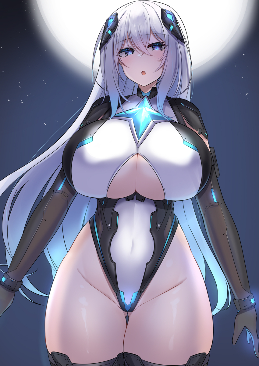 1girl black_gloves breasts clothing_cutout commentary_request covered_navel cowboy_shot crossed_bangs elbow_gloves full_moon gloves gluteal_fold headpiece highleg highleg_leotard highres huge_breasts kutan leotard long_hair looking_at_viewer moon open_mouth original outdoors purple_eyes sky solo thick_thighs thigh_gap thighs underboob_cutout very_long_hair white_hair wide_hips