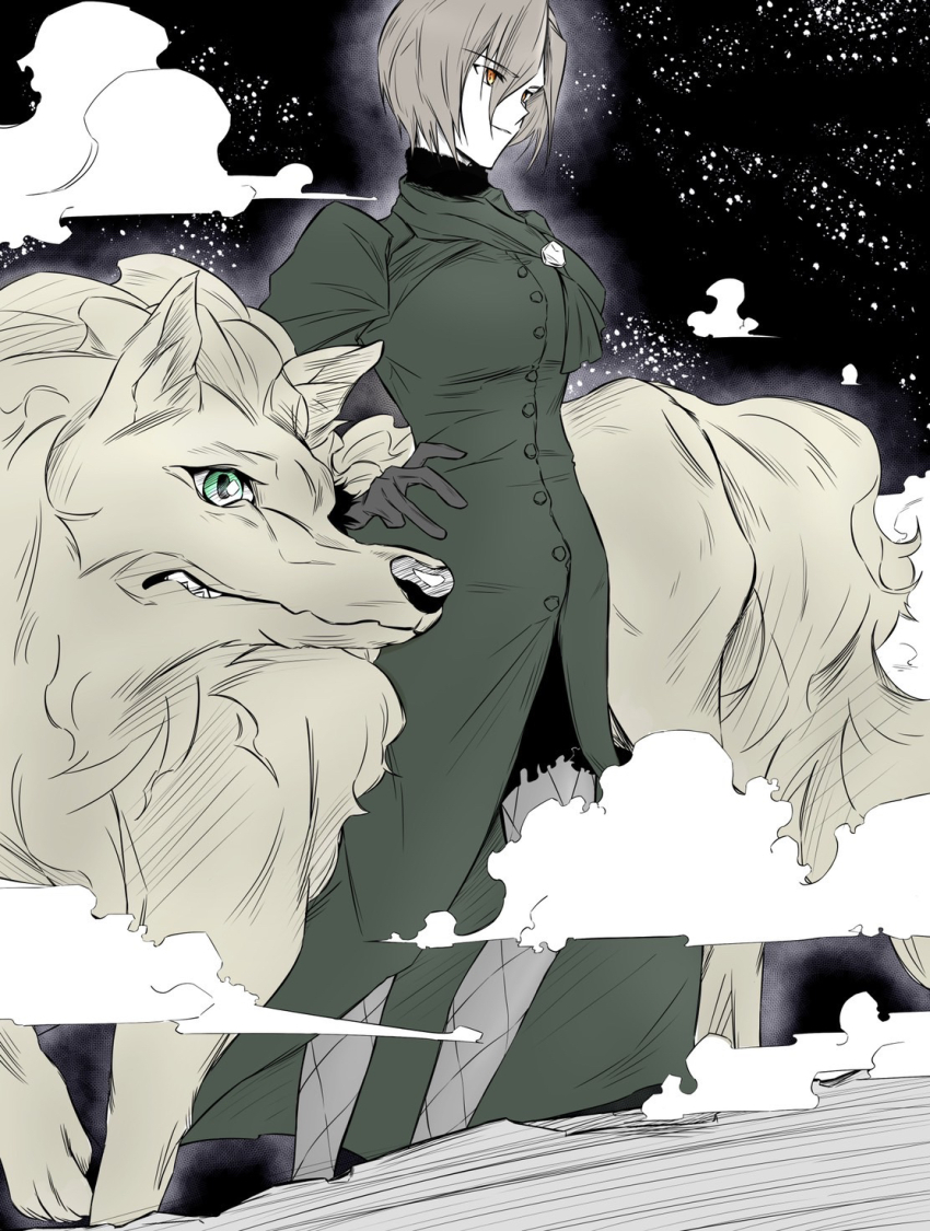 1girl aozaki_touko aozaki_touko_(mahou_tsukai_no_yoru) black_background dress fog gloves green_dress green_eyes grey_fur grey_gloves grey_hair highres lugh_beowulf lugh_beowulf_(wolf) mahou_tsukai_no_yoru nattsu_(user_fdkh3235) pantyhose werewolf wolf yellow_eyes