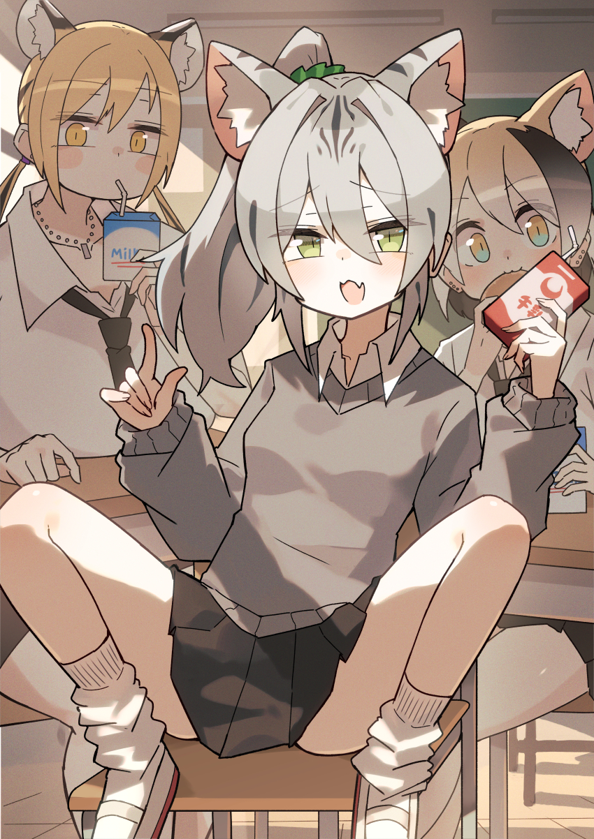 3girls absurdres animal_ears black_necktie black_skirt blonde_hair cat classroom drinking green_eyes grey_hair grey_sweater highres katsu_(katsupainter) multiple_girls necktie original pleated_skirt school_uniform shirt sitting skirt socks sweater thighs white_shirt white_socks yellow_eyes