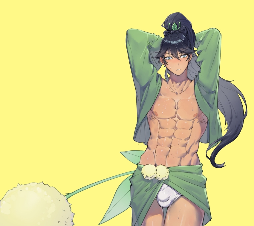 1boy abs ambush_(trap) androgynous arms_behind_head arms_up bare_pectorals black_hair blue_eyes bulge commentary_request cowboy_shot dark-skinned_male dark_skin genderswap genderswap_(ftm) green_shirt green_skirt highres hotarugusa_(onmyoji) long_hair long_sleeves looking_to_the_side male_focus male_underwear muscular muscular_male nipples onmyoji open_clothes open_shirt parted_lips pectorals ponytail shirt simple_background skirt solo sun951122 tsurime underwear white_male_underwear yellow_background