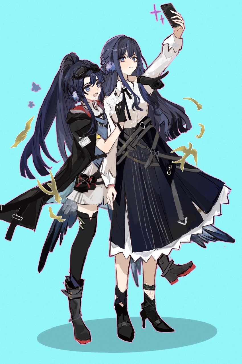 2girls absurdres animal_ears aqua_background arknights astesia_(arknights) astgenne_(arknights) bird_ears bird_tail black_gloves blue_eyes blue_hair blue_ribbon blue_skirt boots bright_pupils cape collared_shirt commission gloves high_heels highres long_sleeves multiple_girls pointy_ears ponytail rhine_lab_logo ribbon selfie shirt siblings simple_background sisters skirt smile sparkle standing standing_on_one_leg tail thighhighs white_pupils white_shirt yinxingbufuqiu04875
