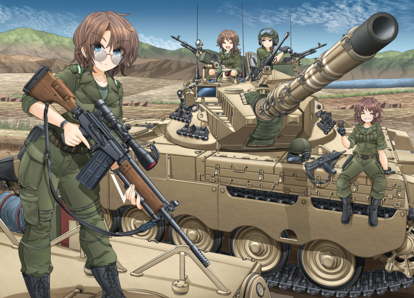 4girls =_= ^_^ absurdres ammunition_box ammunition_pouch assault_rifle black_footwear black_gloves blonde_hair blue_eyes blue_sky blush boots breasts brown_hair canteen caterpillar_tracks closed_eyes cloud collared_jacket combat_boots contrapposto day eyes_visible_through_hair fang gloves goggles goggles_on_headwear grass green_jacket green_pants green_shirt grey-tinted_eyewear grin gun gun_sling helmet highres holding holding_canteen holding_gun holding_weapon imi_galil israel israel_defense_forces jacket lace-up_boots looking_at_viewer looking_to_the_side low_ponytail machine_gun medium_breasts medium_hair merkava_(tank) mikeran_(mikelan) military military_combat_uniform military_fatigues military_jacket military_uniform military_vehicle monocular motor_vehicle mountain multiple_girls open_mouth original outdoors pants pants_tucked_in ponytail pouch radio_antenna red_eyes rifle round_eyewear round_teeth scope shirt short_hair sitting sky sleeves_rolled_up smile sniper_rifle soldier standing submachine_gun sweatdrop tank tank_helmet teeth tinted_eyewear trigger_discipline unworn_goggles unworn_headwear unworn_helmet uzi v water weapon