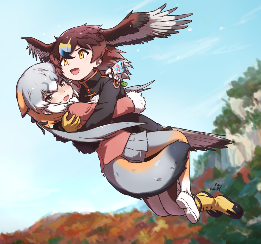 2girls animal_ears bird_girl bird_tail bird_wings black_hair black_jacket black_skirt blonde_hair blue_hair blush boots bow bowtie brown_hair brown_pantyhose ears_down epaulettes extra_ears flying fox_ears fox_girl fox_tail fur_trim gloves golden_eagle_(kemono_friends) grey_hair grey_pantyhose grey_skirt hair_between_eyes head_wings high_collar highres hug jacket kemono_friends long_sleeves multicolored_hair multicolored_pantyhose multiple_girls open_mouth orange_eyes orange_hair orange_jacket orange_pantyhose orange_trim pantyhose pleated_skirt rumenia_(ao2is) shoes sidelocks skirt smile tail wavy_mouth white_bow white_bowtie white_fur white_gloves white_hair white_pantyhose white_shoes wings yellow_boots