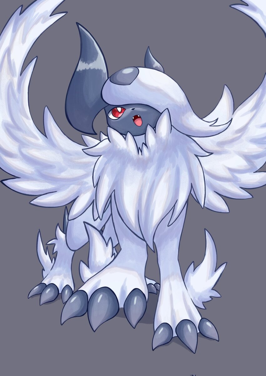 absol bright_pupils claws gen_3_pokemon highres long_hair mega_absol mega_pokemon nintendo open_mouth pokemon pokemon_(creature) red_eyes simple_background soruva_359 white_hair white_pupils wings