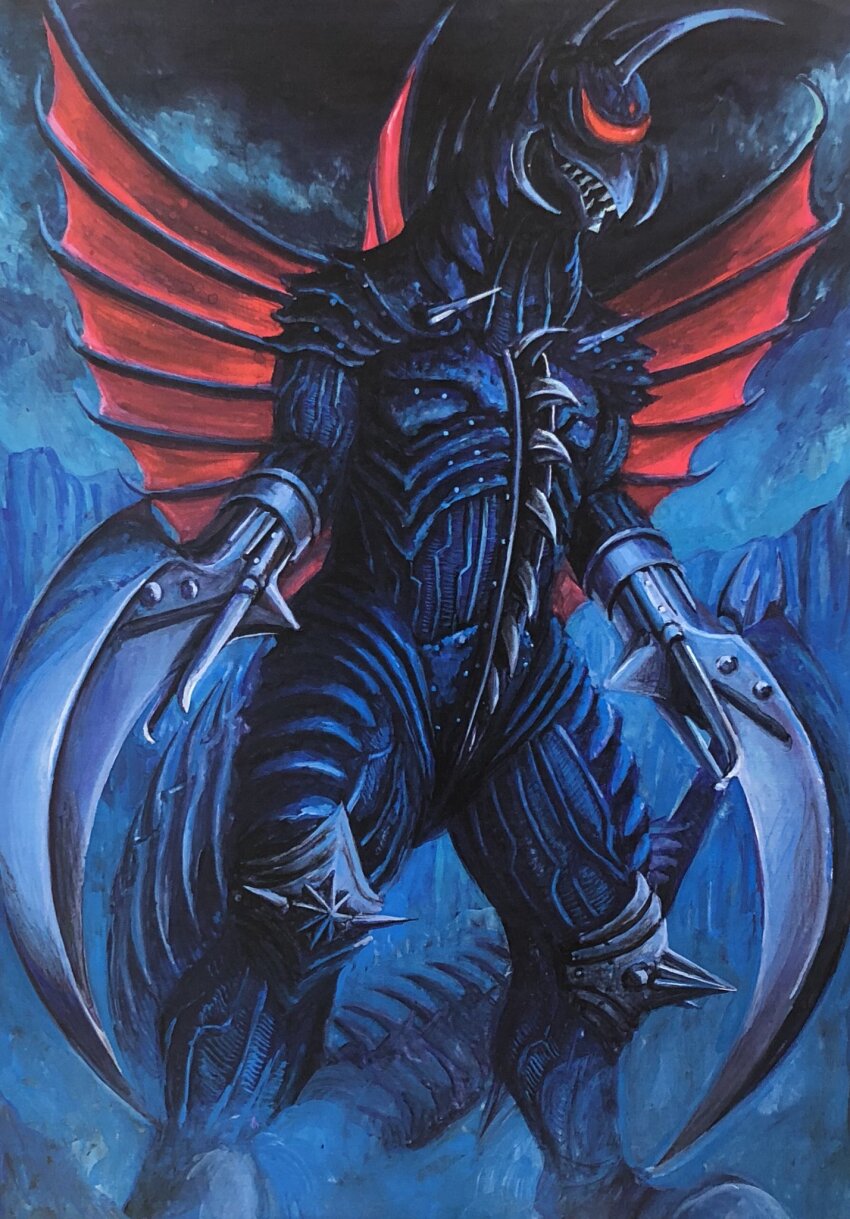 alien antarctica buzzsaw_(tool) cloud cloudy_sky cyborg fins g.n.a gigan godzilla:_final_wars godzilla_(series) highres ice kaiju night no_humans overcast red_eyes scythe sky tail toho