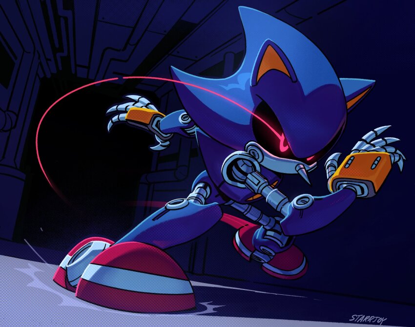 1boy artist_name eye_trail hallway highres light_trail metal_sonic robot running signature solo sonic_(series) starrjoy