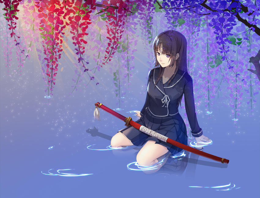 1girl arm_support bandages black_hair black_shirt black_skirt brown_eyes female_focus flower ga-rei ga-rei_zero highres kneeling long_hair long_sleeves miniskirt pleated_skirt red_flower ribbon sheath sheathed shirt skirt solo sword tsuchimiya_kagura water weapon white_ribbon yomi-ji