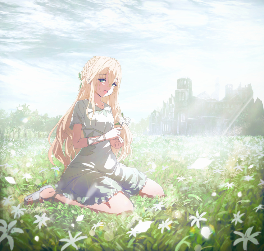 1girl :d blonde_hair blue_eyes blue_sky braid building cloud cloudy_sky collared_dress commentary_request day dress field flower flower_field hair_between_eyes highres holding holding_flower looking_at_viewer misaki_nonaka on_grass open_mouth original outdoors ruins sandals short_sleeves sky smile solo tree white_dress white_flower white_sandals