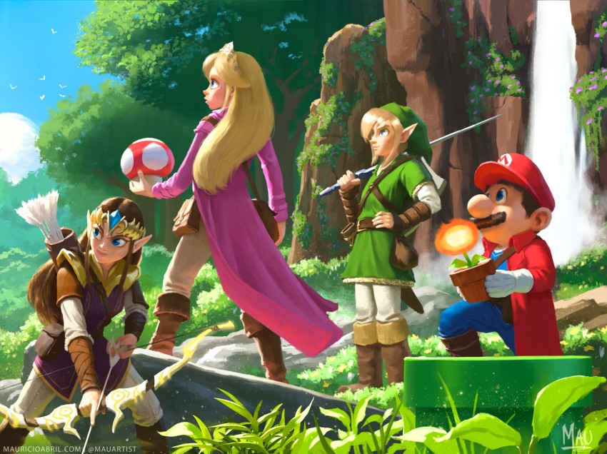 2boys 2girls arrow_(projectile) bag blonde_hair blue_eyes boots bow_(weapon) brown_hair coat commentary creator_connection crossover english_commentary facial_hair fire_flower forest gloves highres knee_boots link long_hair mario mario_(series) master_sword mauricio_abril multiple_boys multiple_girls mushroom mustache nature nintendo outdoors parody pointy_ears princess_peach princess_zelda quiver shield shield_on_back short_hair style_parody super_mushroom super_smash_bros. sword the_legend_of_zelda tiara tunic warp_pipe water waterfall weapon